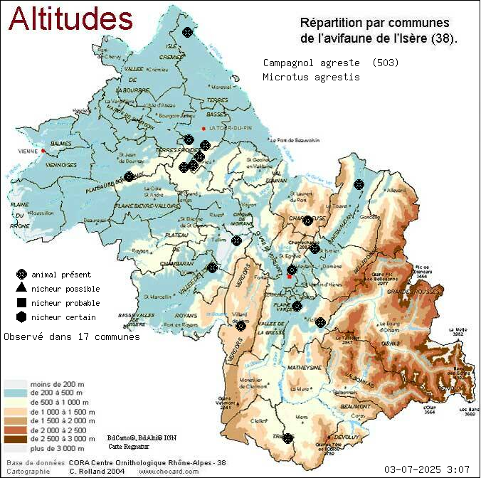 Carte de rpartition par communes en Isre d'une espce d'animal: Campagnol agreste (Microtus agrestis) selon Altitudes