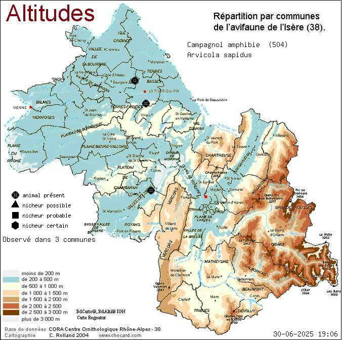 Carte de rpartition par communes en Isre d'une espce d'animal: Campagnol amphibie (Arvicola sapidus) selon Altitudes