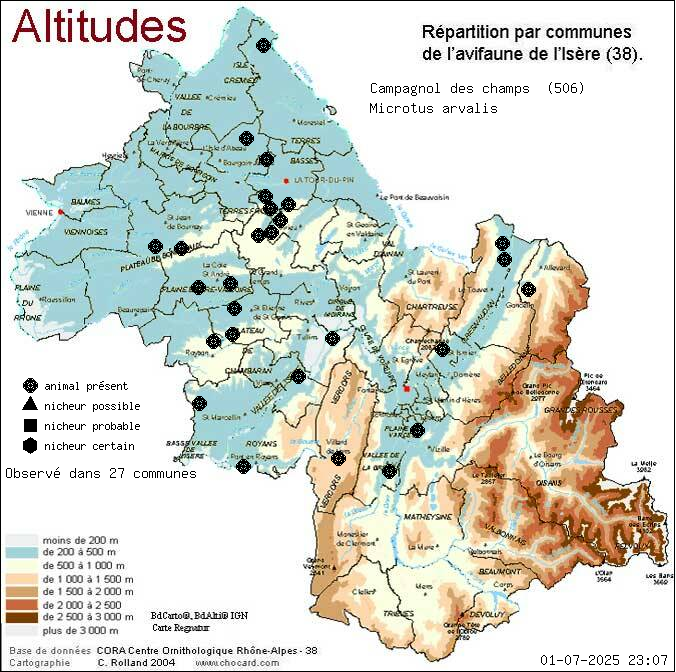 Carte de rpartition par communes en Isre d'une espce d'animal: Campagnol des champs (Microtus arvalis) selon Altitudes