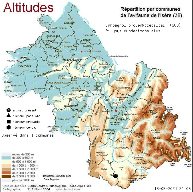 Carte de rpartition par communes en Isre d'une espce d'animal: Campagnol provenal (Pitymys duodecimcostatus) selon Altitudes