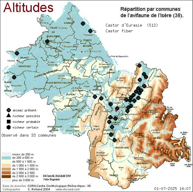 Carte de rpartition par communes en Isre d'une espce d'animal: Castor d Eurasie (Castor fiber) selon Altitudes