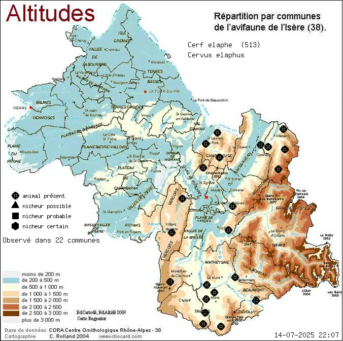 Carte de rpartition par communes en Isre d'une espce d'animal: Cerf laphe (Cervus elaphus) selon Altitudes