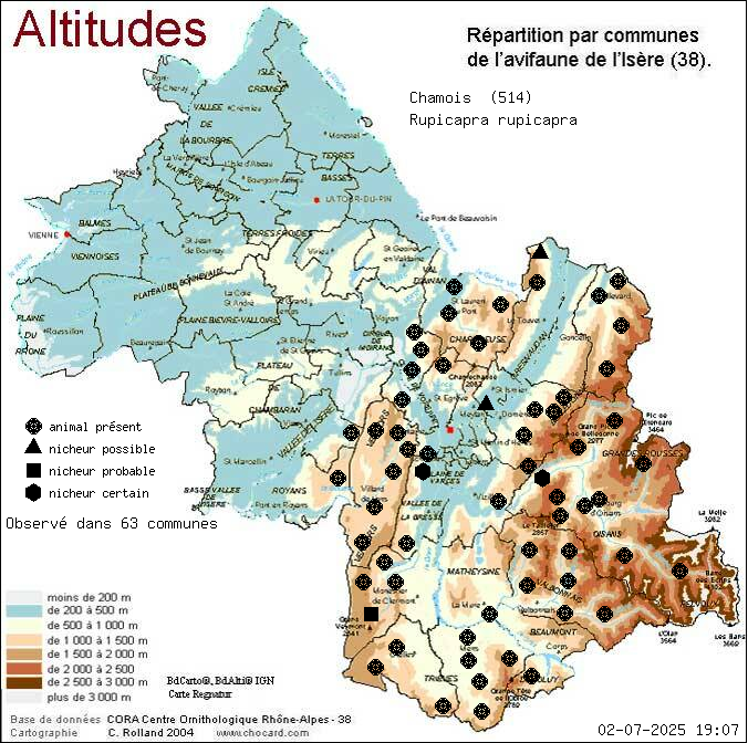 Carte de rpartition par communes en Isre d'une espce d'animal: Chamois (Rupicapra rupicapra) selon Altitudes