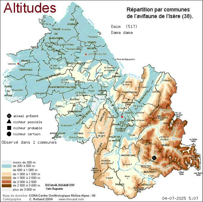 Carte de rpartition par communes en Isre d'une espce d'animal: Daim (Dama dama) selon Altitudes