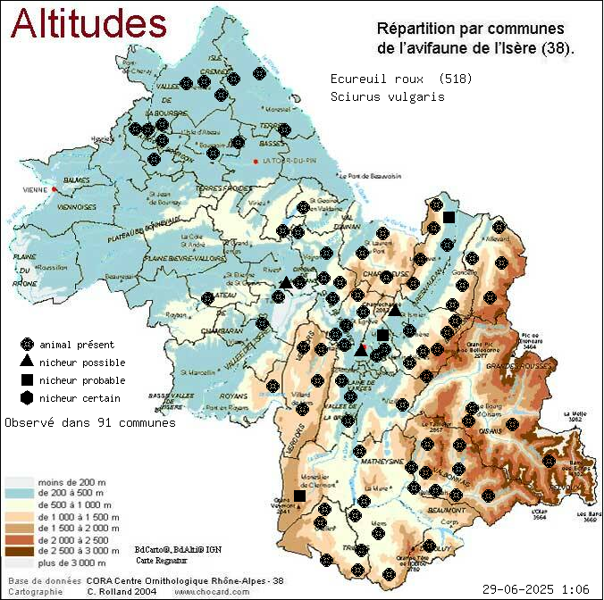 Carte de rpartition par communes en Isre d'une espce d'animal: Ecureuil roux (Sciurus vulgaris) selon Altitudes