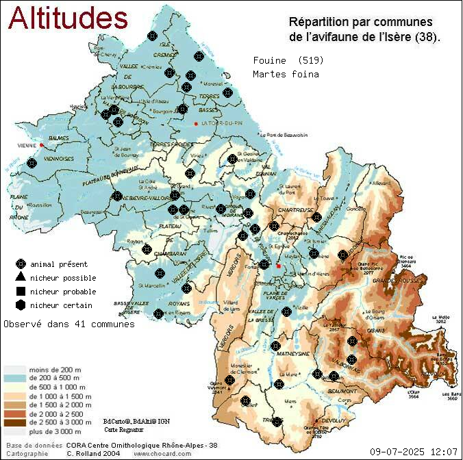 Carte de rpartition par communes en Isre d'une espce d'animal: Fouine (Martes foina) selon Altitudes