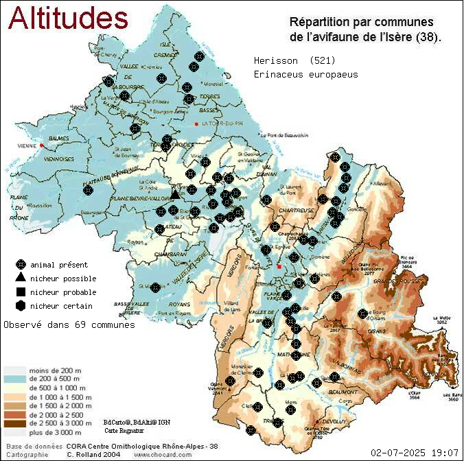 Carte de rpartition par communes en Isre d'une espce d'animal: Hrisson (Erinaceus europaeus) selon Altitudes
