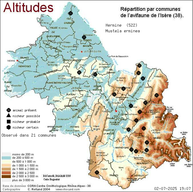 Carte de rpartition par communes en Isre d'une espce d'animal: Hermine (Mustela erminea) selon Altitudes