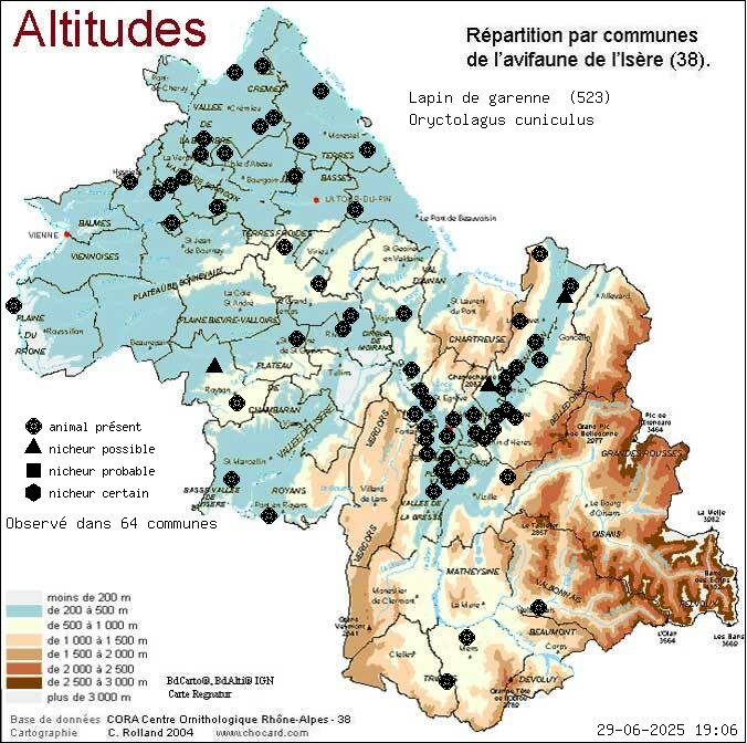 Carte de rpartition par communes en Isre d'une espce d'animal: Lapin de garenne (Oryctolagus cuniculus) selon Altitudes