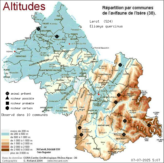 Carte de rpartition par communes en Isre d'une espce d'animal: Lrot (Eliomys quercinus) selon Altitudes