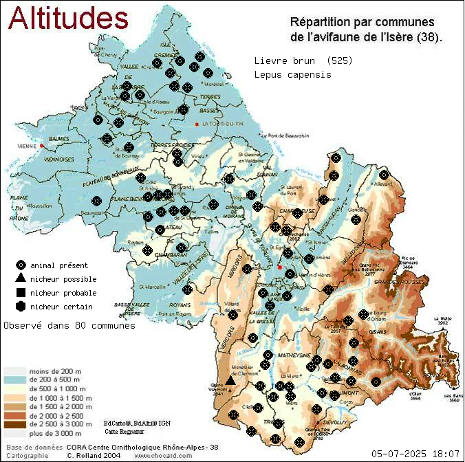 Carte de rpartition par communes en Isre d'une espce d'animal: Livre brun (Lepus capensis) selon Altitudes