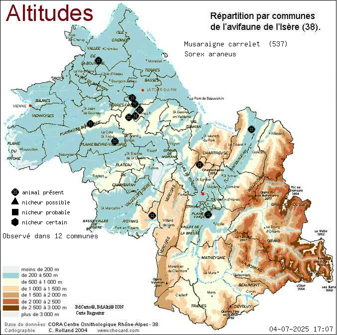 Carte de rpartition par communes en Isre d'une espce d'animal: Musaraigne carrelet (Sorex araneus) selon Altitudes