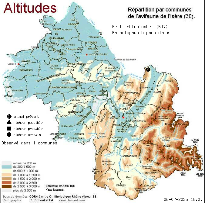 Carte de rpartition par communes en Isre d'une espce d'animal: Petit rhinolophe (Rhinolophus hipposideros) selon Altitudes