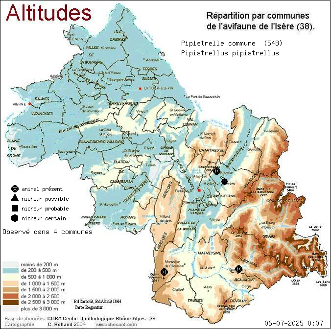 Carte de rpartition par communes en Isre d'une espce d'animal: Pipistrelle commune (Pipistrellus pipistrellus) selon Altitudes