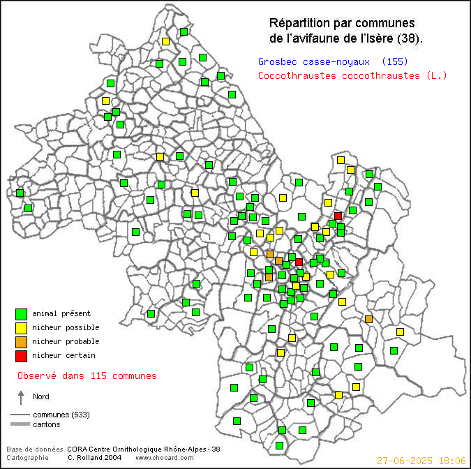 Carte de rpartition par communes en Isre d'une espce d'oiseau: Grosbec casse-noyaux (Coccothraustes coccothraustes (L.)) selon Communes et cantons