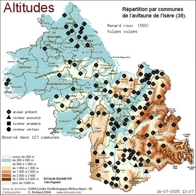 Renard roux (Vulpes vulpes): carte de rpartition en Isre