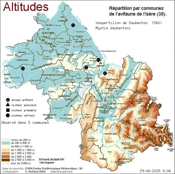 Carte de rpartition par communes en Isre d'une espce d'animal: Vespertilion de Daubenton (Myotis daubentoni) selon Altitudes