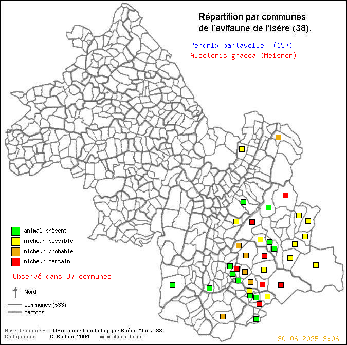 Perdrix bartavelle (Alectoris graeca (Meisner)): carte de rpartition en Isre