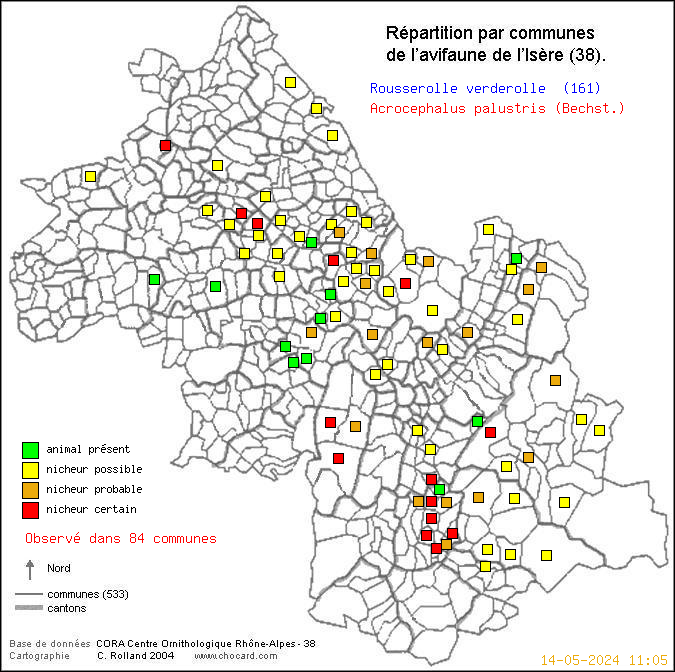 Carte de rpartition par communes en Isre d'une espce d'oiseau: Rousserolle verderolle (Acrocephalus palustris (Bechst.)) selon Communes et cantons