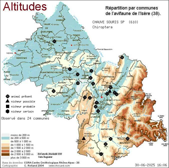Carte de rpartition par communes en Isre d'une espce d'animal: CHAUVE SOURIS SP (Chiroptera) selon Altitudes