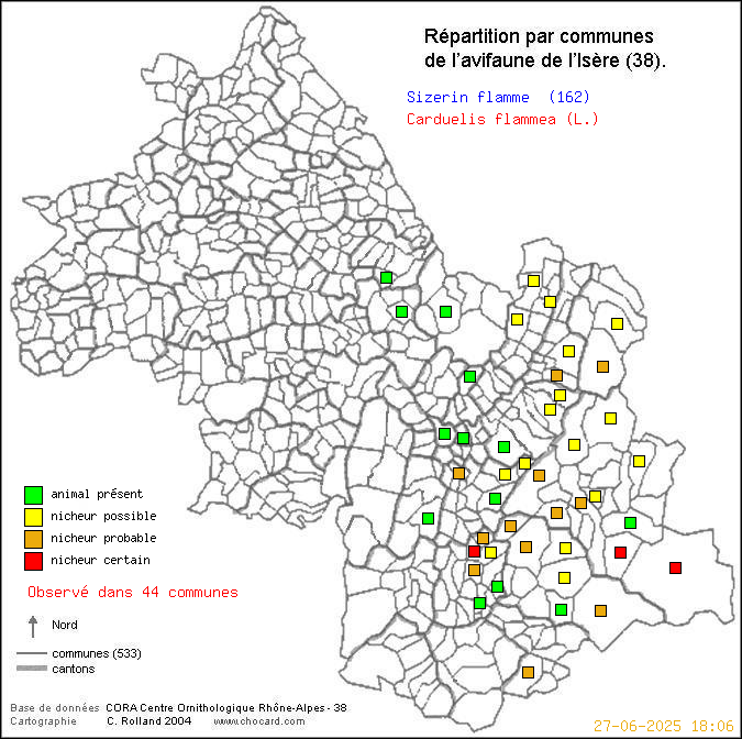 Carte de rpartition par communes en Isre d'une espce d'oiseau: Sizerin flamm (Carduelis flammea (L.)) selon Communes et cantons