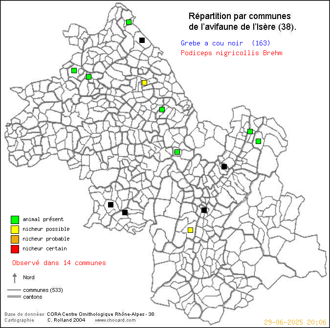 Carte de rpartition par communes en Isre d'une espce d'oiseau: Grbe  cou noir (Podiceps nigricollis Brehm) selon Communes et cantons