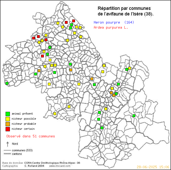 Hron pourpr (Ardea purpurea L.): carte de rpartition en Isre