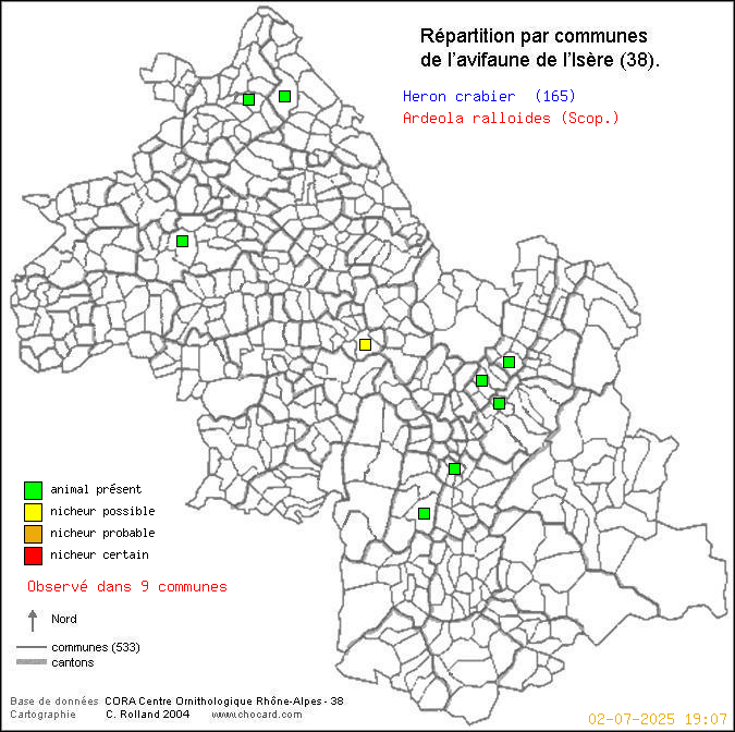 Carte de rpartition par communes en Isre d'une espce d'oiseau: Hron crabier (Ardeola ralloides (Scop.)) selon Communes et cantons