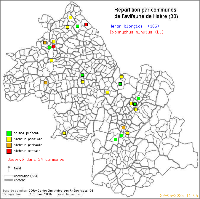 Carte de rpartition par communes en Isre d'une espce d'oiseau: Hron blongios (Ixobrychus minutus (L.)) selon Communes et cantons