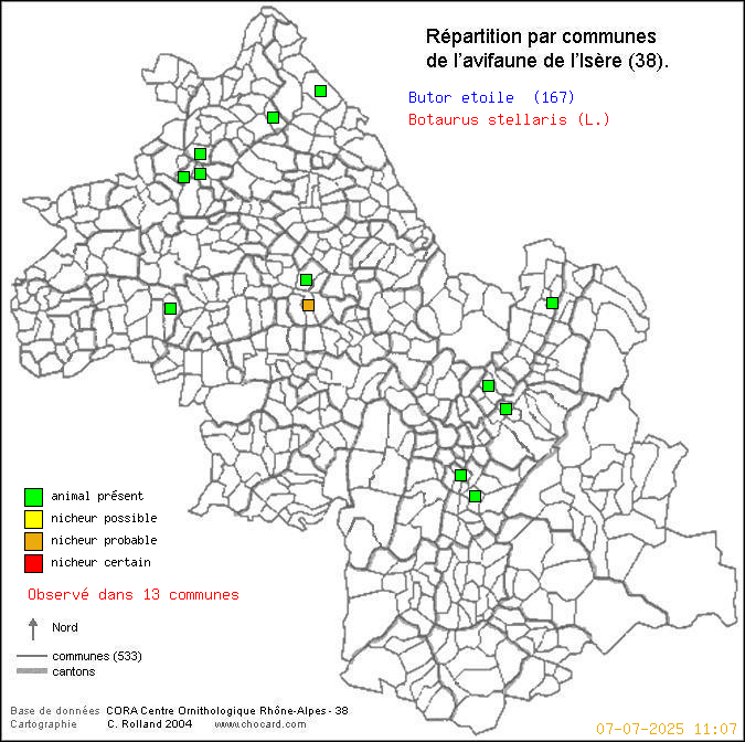 Carte de rpartition par communes en Isre d'une espce d'oiseau: Butor toil (Botaurus stellaris (L.)) selon Communes et cantons