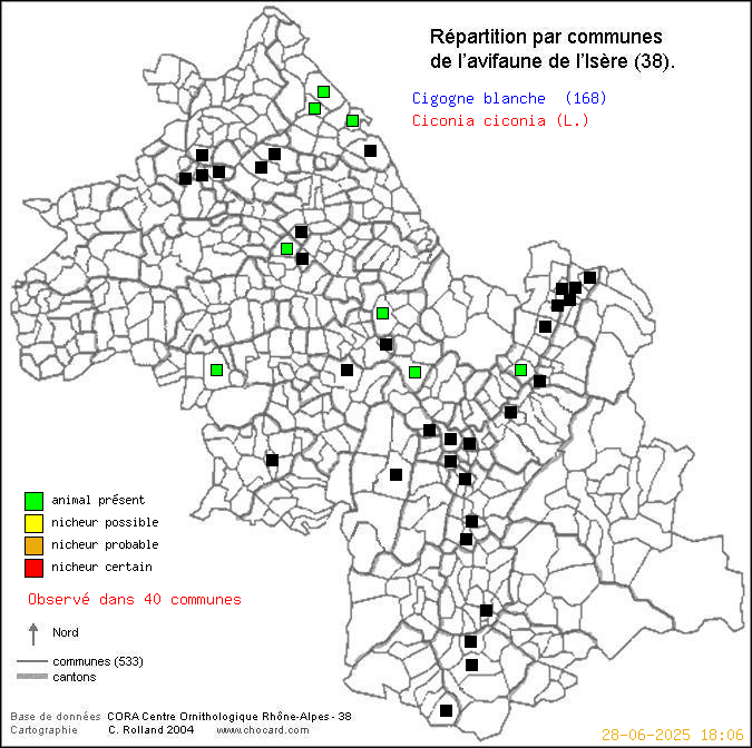 Carte de rpartition par communes en Isre d'une espce d'oiseau: Cigogne blanche (Ciconia ciconia (L.)) selon Communes et cantons