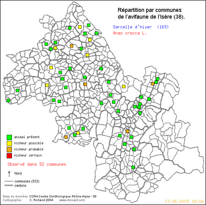 Carte de rpartition par communes en Isre d'une espce d'oiseau: Sarcelle d hiver (Anas crecca L.) selon Communes et cantons