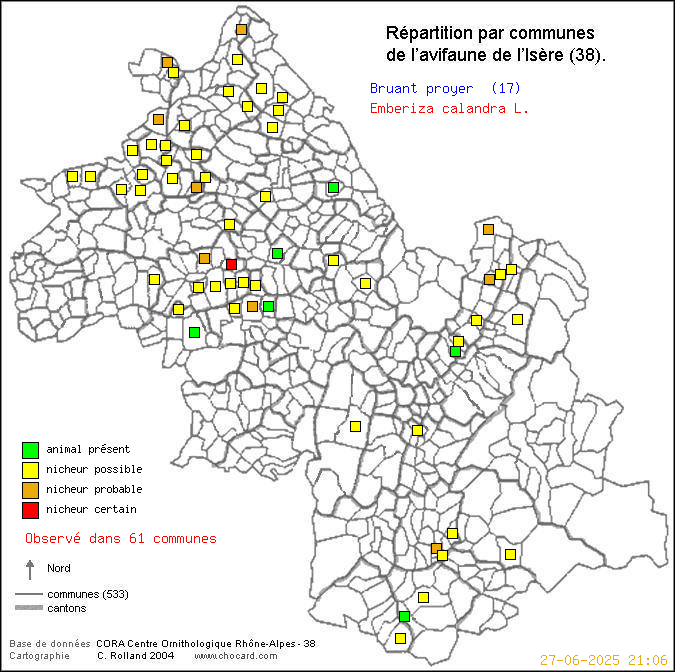 Carte de rpartition par communes en Isre d'une espce d'oiseau: Bruant proyer (Emberiza calandra L.) selon Communes et cantons