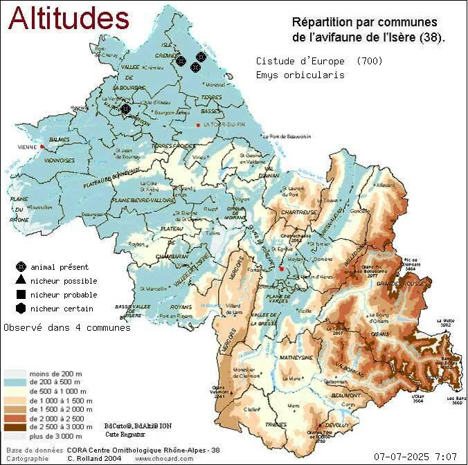 Carte de rpartition par communes en Isre d'une espce d'animal: Cistude d Europe (Emys orbicularis) selon Altitudes