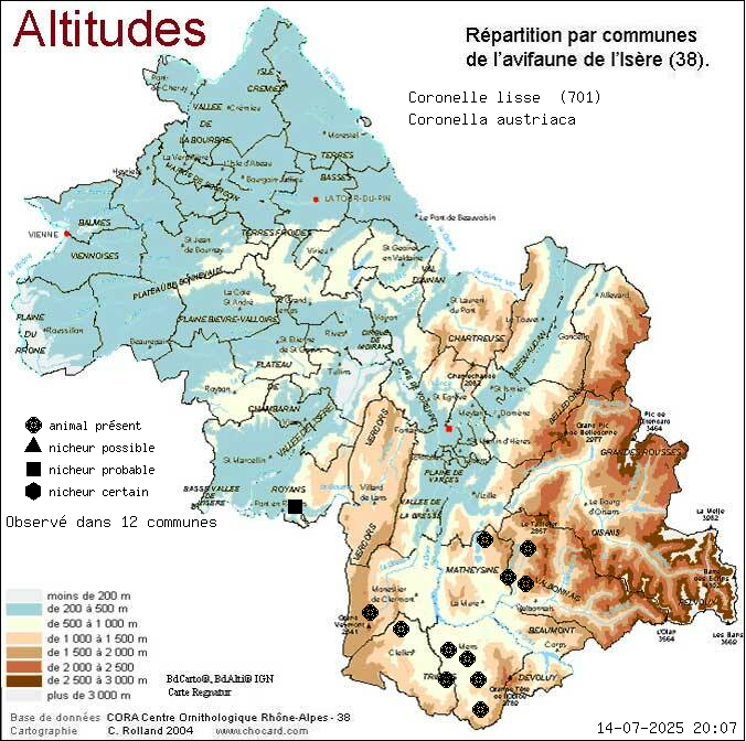 Carte de rpartition par communes en Isre d'une espce d'animal: Coronelle lisse (Coronella austriaca) selon Altitudes