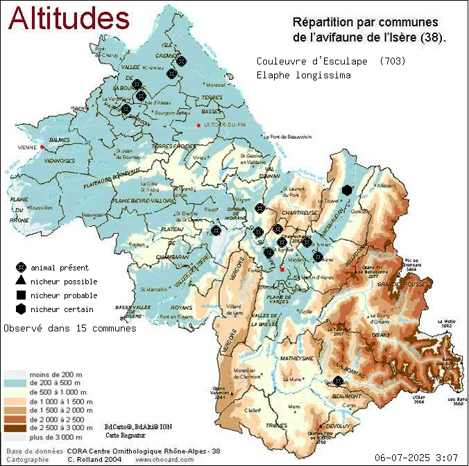 Carte de rpartition par communes en Isre d'une espce d'animal: Couleuvre d Esculape (Elaphe longissima) selon Altitudes