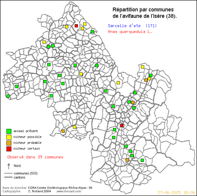 Sarcelle d t (Anas querquedula L.): carte de rpartition en Isre