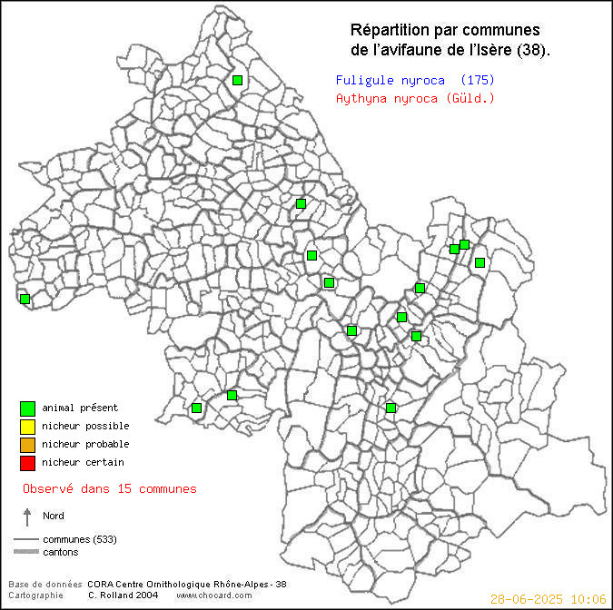 Carte de rpartition par communes en Isre d'une espce d'oiseau: Fuligule nyroca (Aythyna nyroca (Gld.)) selon Communes et cantons