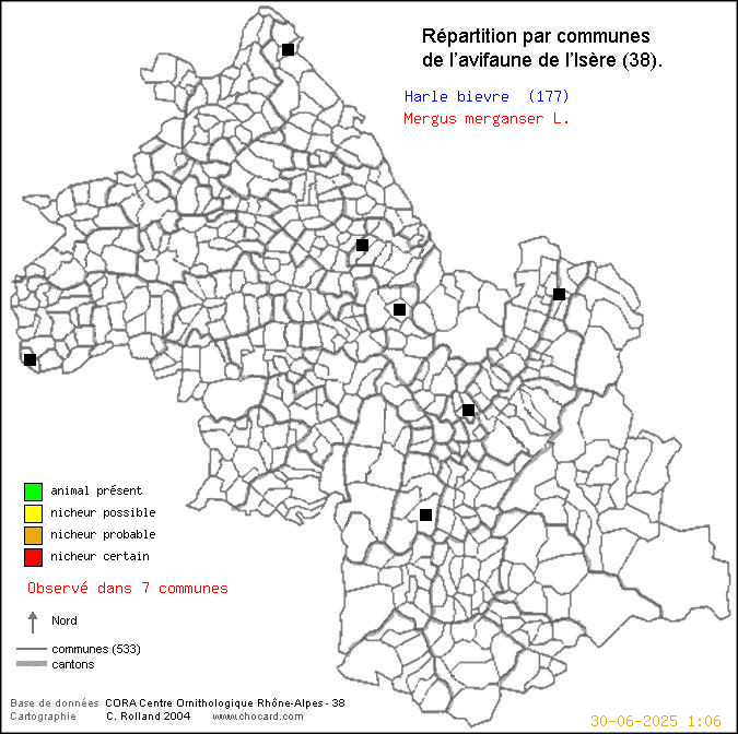 Carte de rpartition par communes en Isre d'une espce d'oiseau: Harle bivre (Mergus merganser L.) selon Communes et cantons