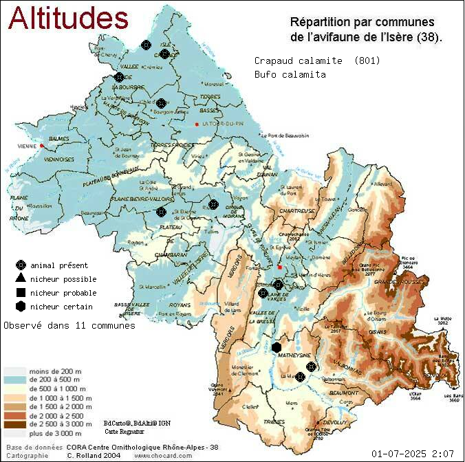 Carte de rpartition par communes en Isre d'une espce d'animal: Crapaud calamite (Bufo calamita) selon Altitudes