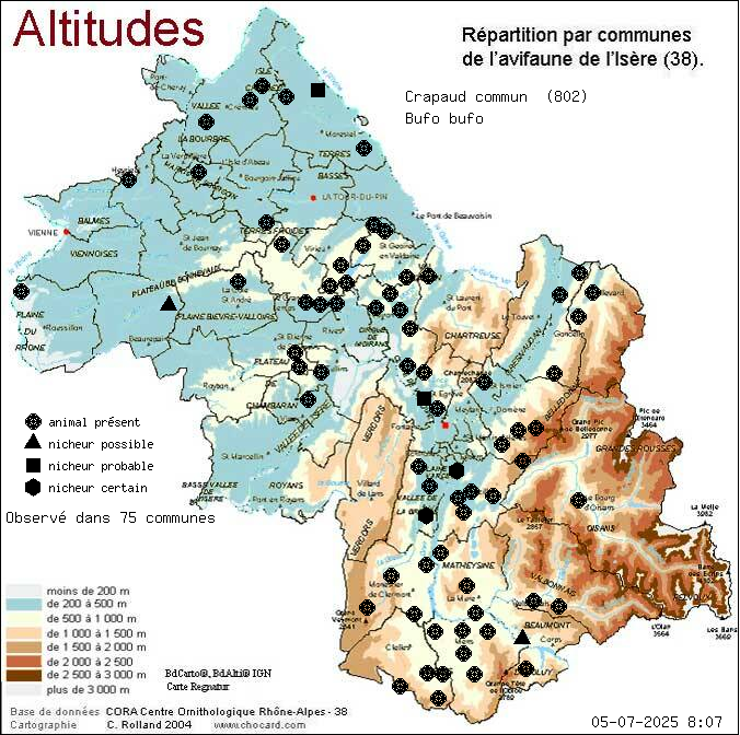 Carte de rpartition par communes en Isre d'une espce d'animal: Crapaud commun (Bufo bufo) selon Altitudes