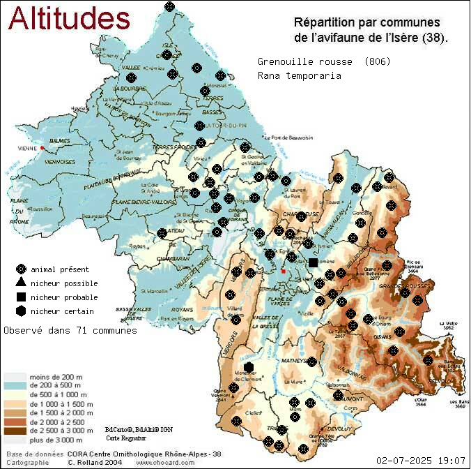 Carte de rpartition par communes en Isre d'une espce d'animal: Grenouille rousse (Rana temporaria) selon Altitudes