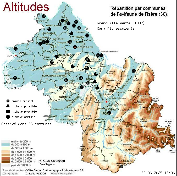 Carte de rpartition par communes en Isre d'une espce d'animal: Grenouille verte (Rana Kl. esculenta) selon Altitudes