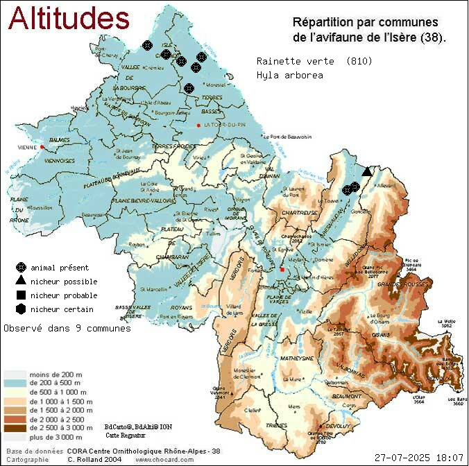 Rainette verte (Hyla arborea): carte de rpartition en Isre