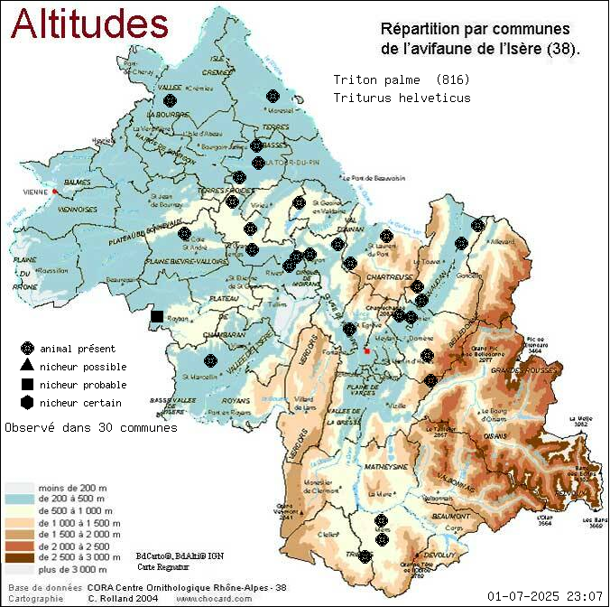 Carte de rpartition par communes en Isre d'une espce d'animal: Triton palm (Triturus helveticus) selon Altitudes