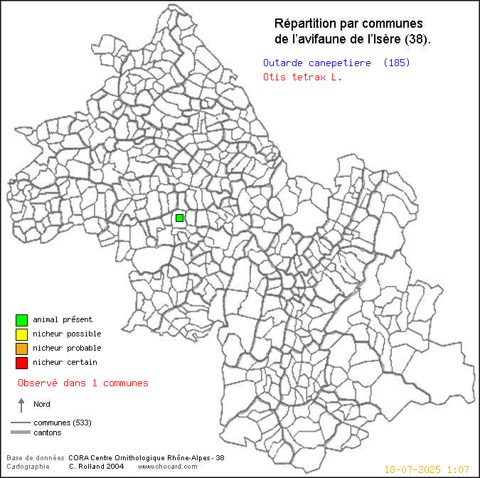 Carte de rpartition par communes en Isre d'une espce d'oiseau: Outarde canepetire (Otis tetrax L.) selon Communes et cantons