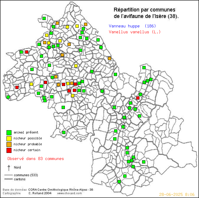 Vanneau hupp (Vanellus vanellus (L.)): carte de rpartition en Isre