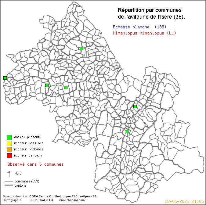 Carte de rpartition par communes en Isre d'une espce d'oiseau: Echasse blanche (Himantopus himantopus (L.)) selon Communes et cantons