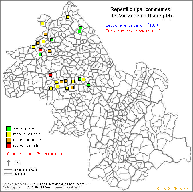 Oedicnme criard (Burhinus oedicnemus (L.)): carte de rpartition en Isre