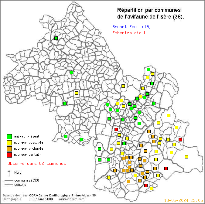 Carte de rpartition par communes en Isre d'une espce d'oiseau: Bruant fou (Emberiza cia L.) selon Communes et cantons